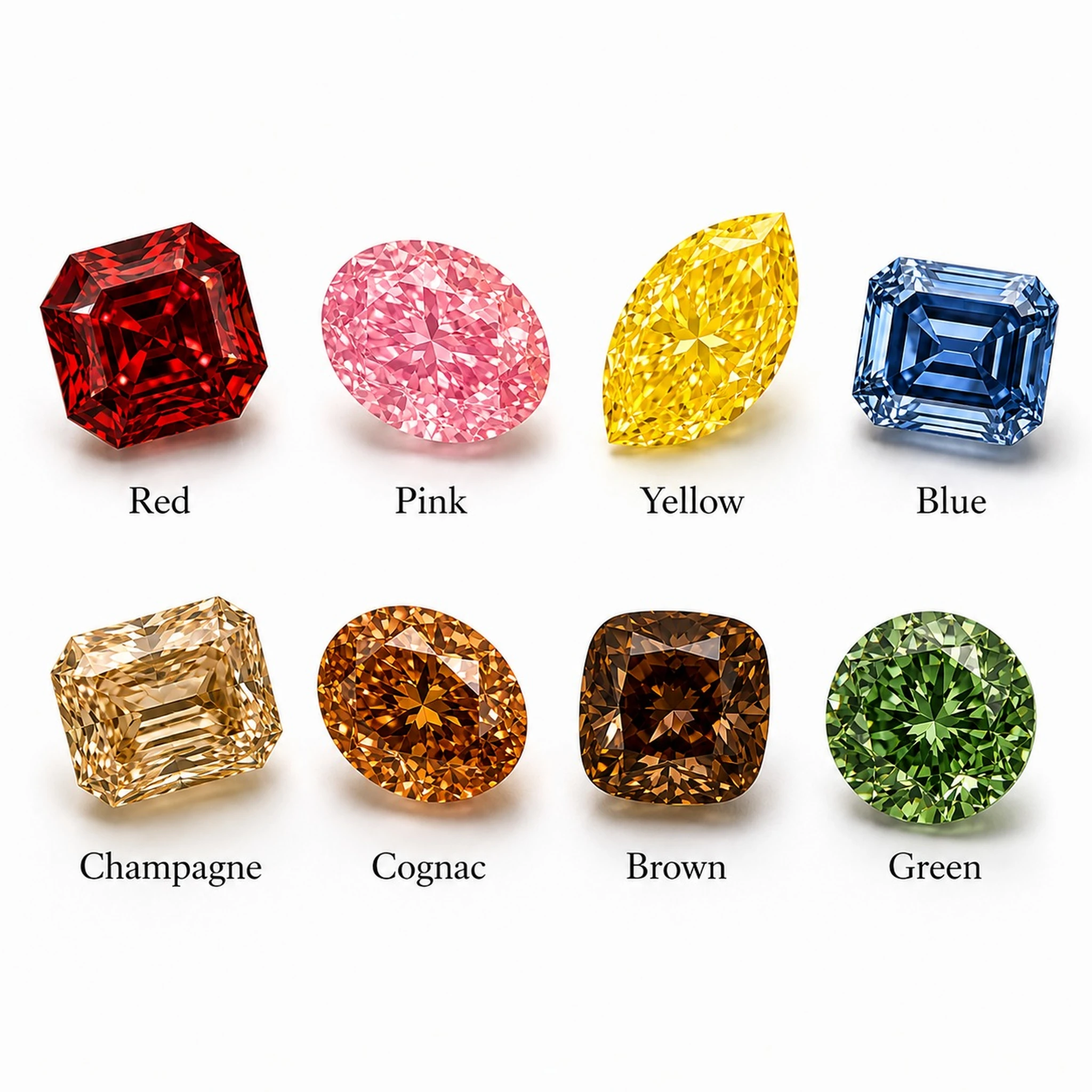 Fancy colour diamonds in red, pink, yellow, blue, champagne, cognac, brown and green